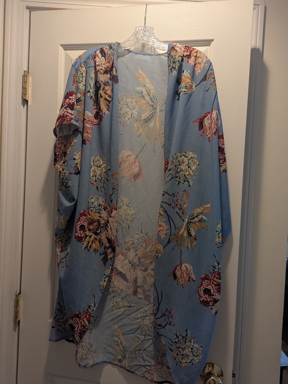 Floral Kimono Coverup Light Blue With Pink Flowers Botanical Boho Relaxed *EUC - Picture 1 of 7